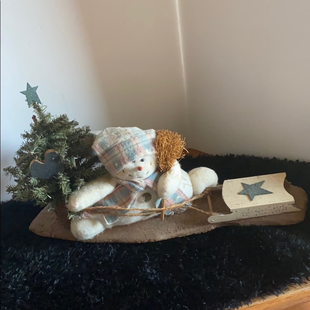 Hand made snowman with tree & sled on driftwood